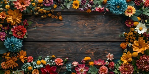Fototapeta premium Wooden Frame background with colorful floral flower. Copyspace for text or edit