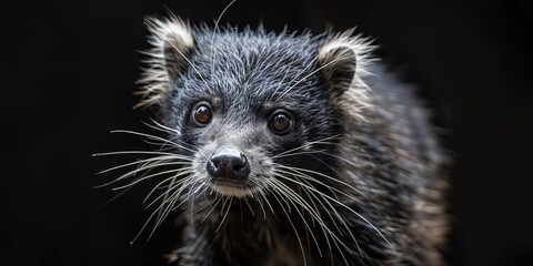Realistic photography of a binturong, pure solid color background, 
