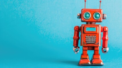 Retro red robot toy with blue eyes on background
