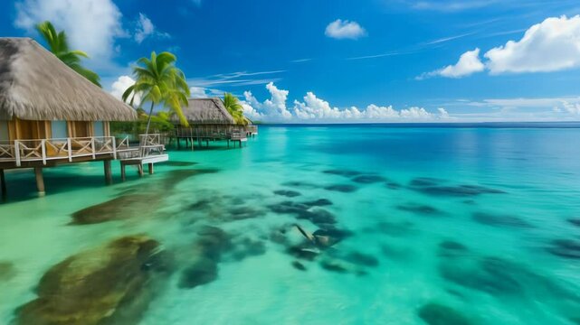 A peaceful and tranquil lagoon in Bora Bora, French Polynesia, with crystal-clear waters and overwater bungalows dotting the shoreline
