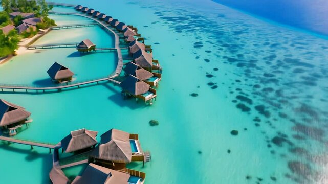 A peaceful and tranquil lagoon in Bora Bora, French Polynesia, with crystal-clear waters and overwater bungalows dotting the shoreline