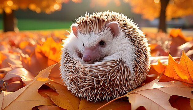 A hedgehog curled up in a ball on a bed of leaves