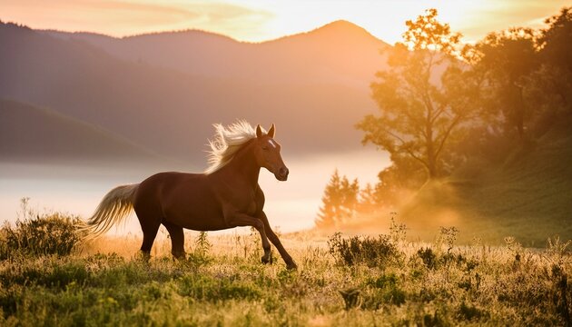 A horse galloping through a meadow at sunrise