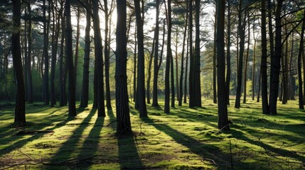 Fototapeta premium Shadows cast by tall trees in a pine forest on a bright spring morning at Blackheath Surrey