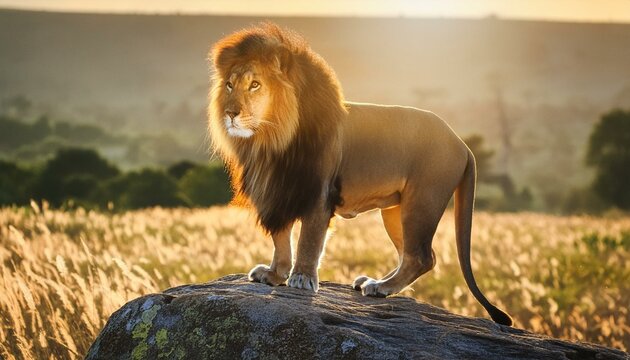 A majestic lion standing on a rock in the savannah