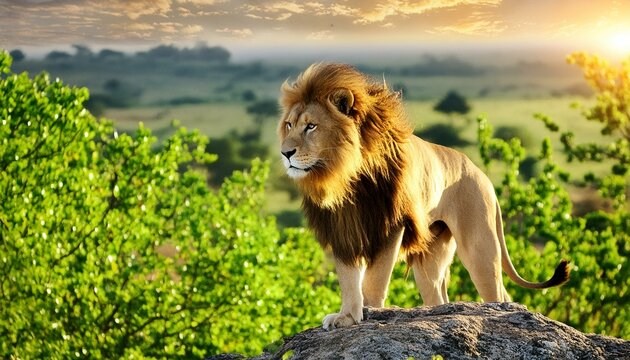A majestic lion standing on a rock in the savannah