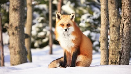 Fototapeta premium A red fox sitting in a snowy forest 6383.jpg, A red fox sitting in a snowy forest