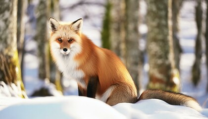 Obraz premium A red fox sitting in a snowy forest 6383.jpg, A red fox sitting in a snowy forest