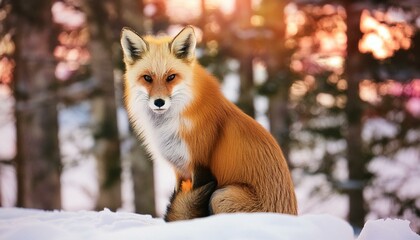 Naklejka premium A red fox sitting in a snowy forest 6383.jpg, A red fox sitting in a snowy forest