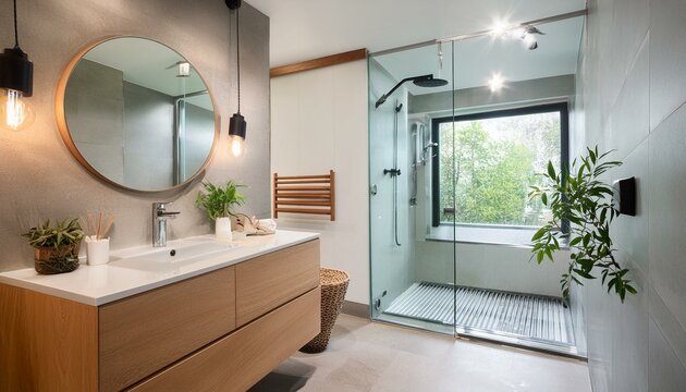 A minimalist bathroom with a walk-in shower, floating vanity, and sleek fixtures