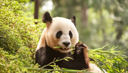 Fototapeta premium A panda bear eating bamboo in a lush green forest