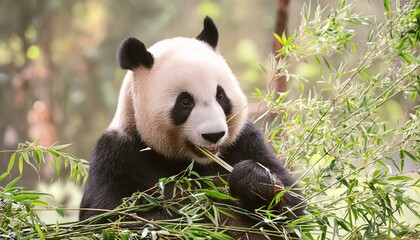 Obraz premium A panda bear eating bamboo in a lush green forest