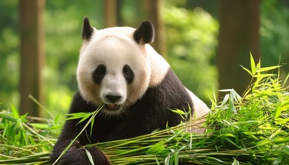 Obraz premium A panda bear eating bamboo in a lush green forest