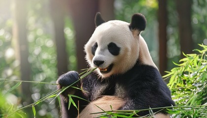 Fototapeta premium A panda bear eating bamboo in a lush green forest