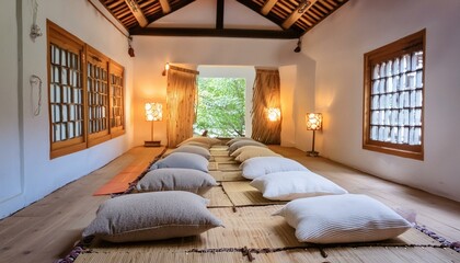 A serene meditation room with floor cushions, low lighting, and a calming ambiance