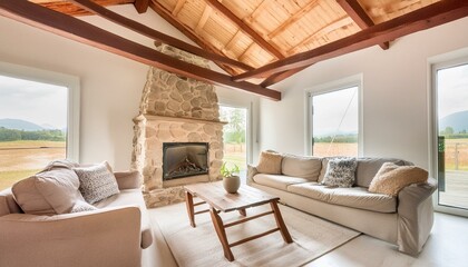 A rustic living room with a stone fireplace, wooden beams, and comfortable furniture