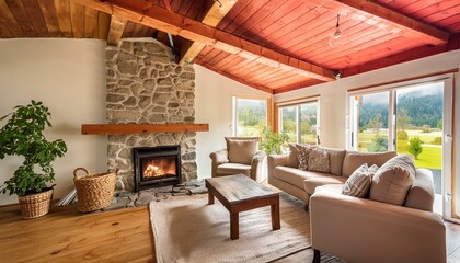 Fototapeta premium A rustic living room with a stone fireplace, wooden beams, and comfortable furniture