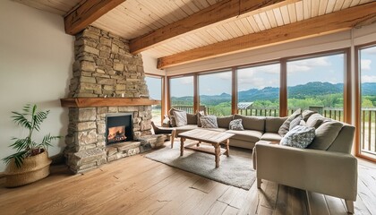 A rustic living room with a stone fireplace, wooden beams, and comfortable furniture
