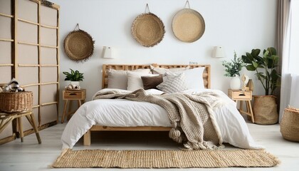 A Scandinavian-style bedroom with light wood furniture, white walls, and cozy textiles