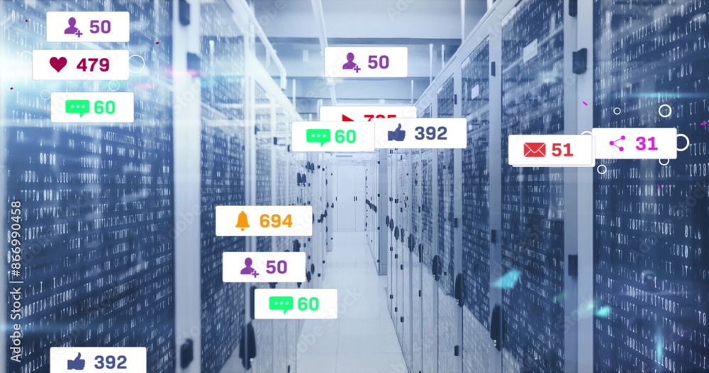 Poster image of social media icons floating against mosaic squares over computer server room