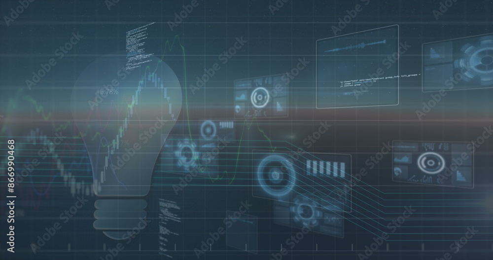 Poster image of bulb icon and screens with round scanners and data processing on blue background