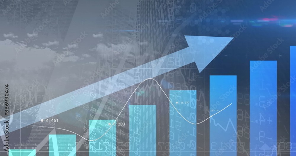 Poster image of statistical data processing over clouds in the sky against tall buildings