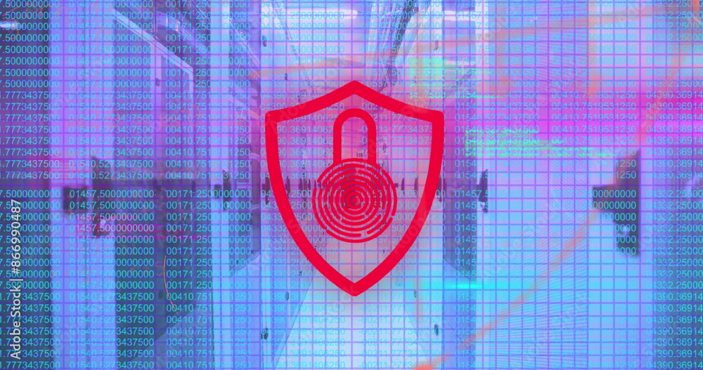 Poster image of security padlock icon, mathematical equations and data processing over server room
