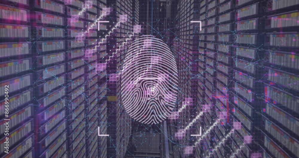 Aufkleber image of dna structure spinning over biometric fingerprint scanner against computer server room
