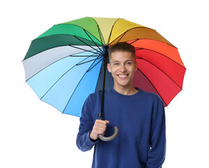 Young man with rainbow umbrella on white background