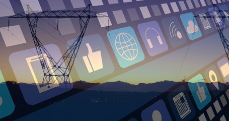 Image of multiple digital icons over network towers against sunset sky
