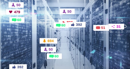 Image of social media icons floating against mosaic squares over computer server room