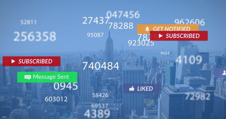 Image of changing numbers and social media icons floating against aerial view of cityscape