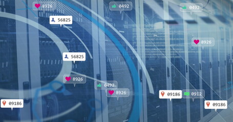 Image of interface with data processing and social media icons floating over server room