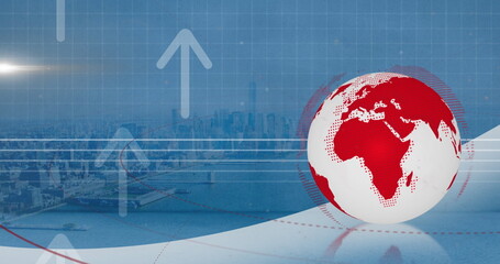 Image of spinning globe, arrow icons and network of digital icons over aerial view of cityscape