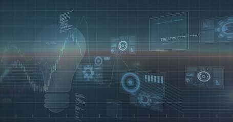 Image of bulb icon and screens with round scanners and data processing on blue background