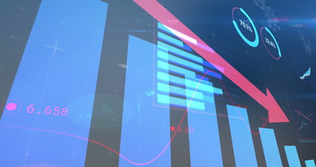 Image of statistical data processing against light spot on blue background