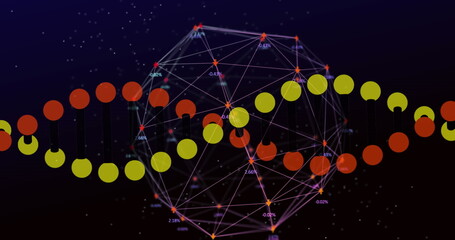 Image of dna structure spinning over globe of network of connections against blue background
