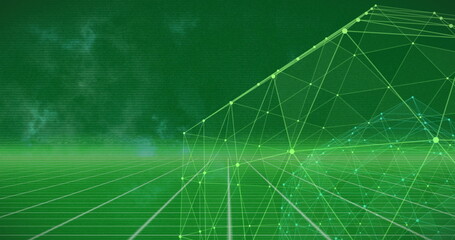 Image of globe of network of connections over grid network against green background