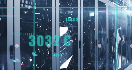 Image of statistical data processing against plexus networks over computer server room