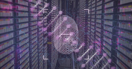 Image of dna structure spinning over biometric fingerprint scanner against computer server room