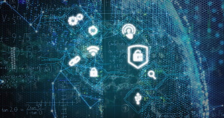 Image of digital icons, mathematical equations and network of connections over spinning globe