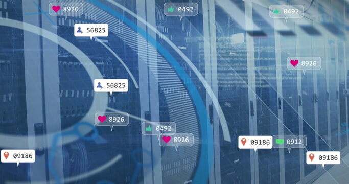 Image of interface with data processing and social media icons floating over server room