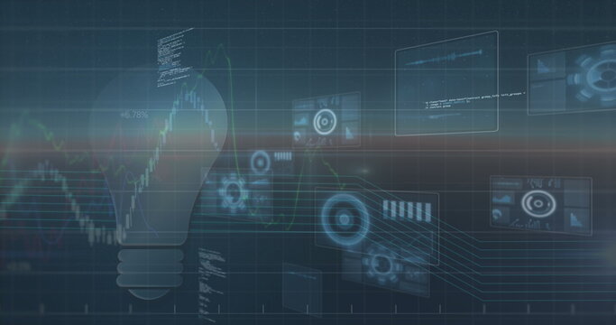 Image of bulb icon and screens with round scanners and data processing on blue background