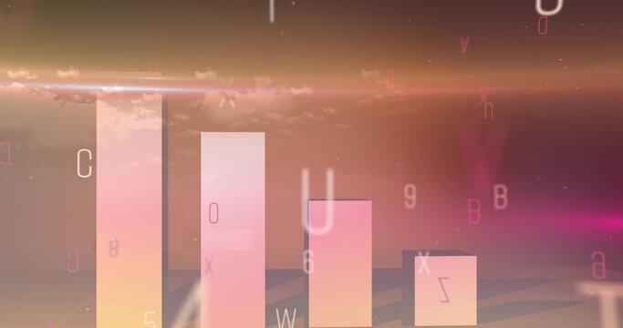 Image of statistical data processing over changing numbers and alphabets on pink background