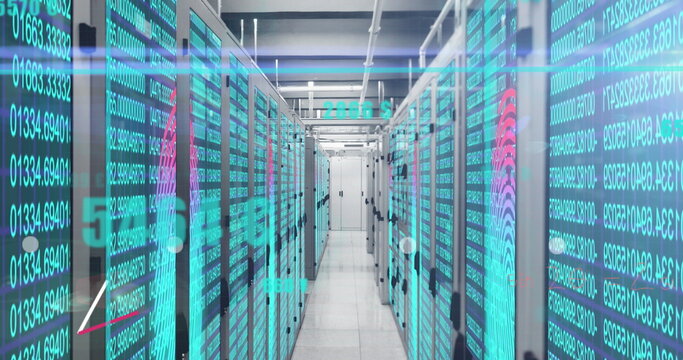 Image of statistical data processing against biometric fingerprint scanner over server room