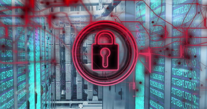 Image of security padlock icon against biometric fingerprint scanner over server room