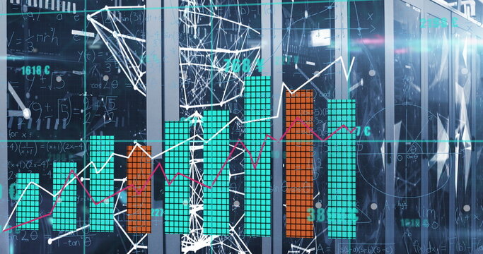 Image of statistical data processing against plexus networks over computer server room - Powered by Adobe