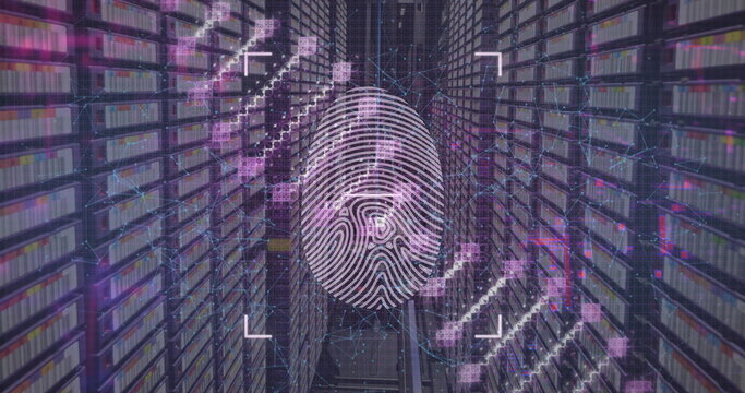 Image of dna structure spinning over biometric fingerprint scanner against computer server room