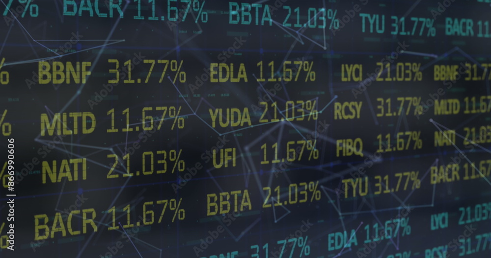 Poster image of financial data processing with network of connections over black background