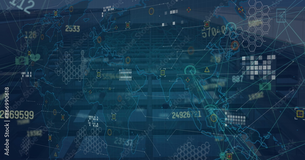 Poster image of financial data processing with connections and world map over modern building